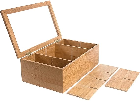 “Bamboo Wooden Tea Box Organizer – 8 Compartments for Tea Bags, Spices & Storage”