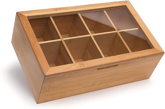 “Bamboo Wooden Tea Box Organizer – 8 Compartments for Tea Bags, Spices & Storage”