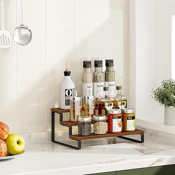 “3-Tier Wooden Spice Rack & Countertop Organizer – Rustic Kitchen & Home Shelf”