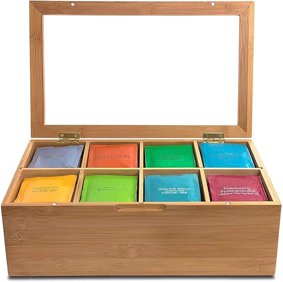 “Bamboo Wooden Tea Box Organizer – 8 Compartments for Tea Bags, Spices & Storage”